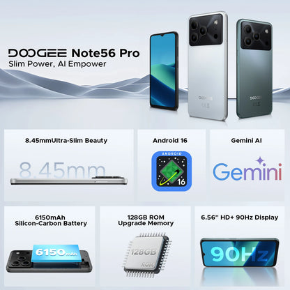 DOOGEE Note56 Pro Smartphone 32GB+128GB Android 16 6150mAh Battery 6.56'' 90Hz Screen 13MP+8MP Widevine L1 NFC Cell Phone