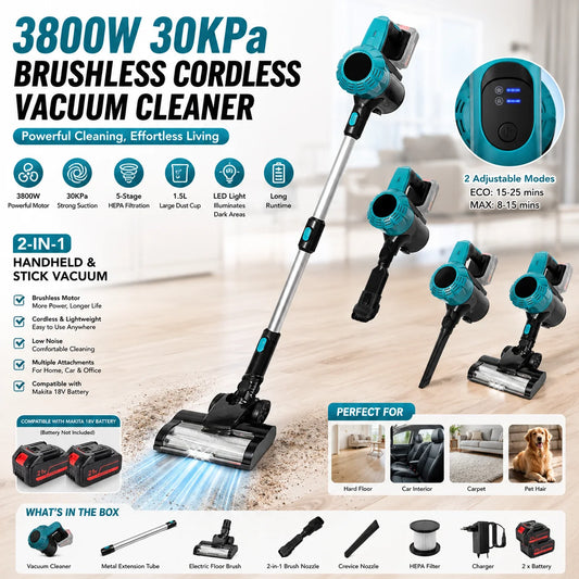 3800W 30KPa Brushless Cordless Vacuum Cleaner, 2-in-1 Handheld Stick Vacuum with 1.5L Large Dust Cup, LED Light, 5-Stage HEPA Filtration, Compatible with Makita 18V Battery for Home Car Office