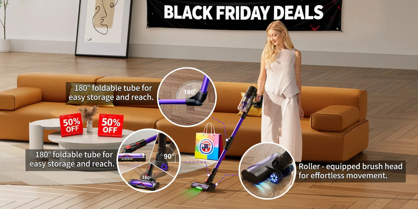 Blossom DSV112A Cordless Vacuum Cleaner 50000Pa 550W,180° Foldable Tube Touchscreen Stick Vacuum,55 Mins Runtime Anti-Tangle Roller Brush HEPA Filtration LED Light Wireless Vacuum for Pet Hair Hard Floor Carpet