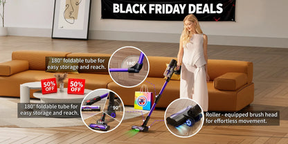 Blossom DSV112A Cordless Vacuum Cleaner 50000Pa 550W,180° Foldable Tube Touchscreen Stick Vacuum,55 Mins Runtime Anti-Tangle Roller Brush HEPA Filtration LED Light Wireless Vacuum for Pet Hair Hard Floor Carpet