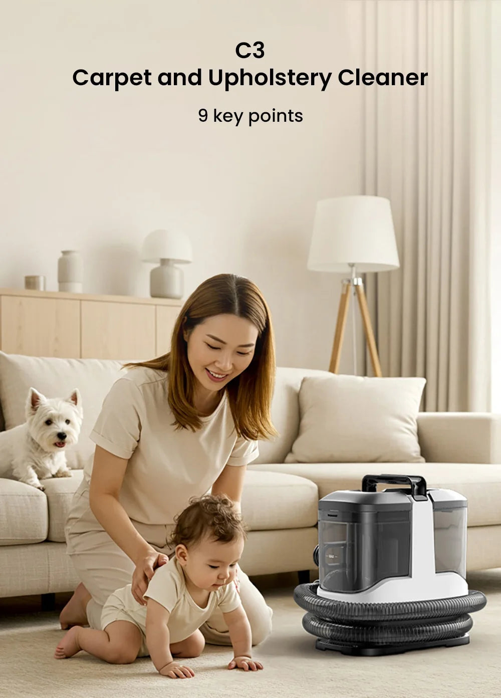 MAMNV C3 Portable Fabric Cleaner 13000Pa Suction 500W Brush Motor 1.5m Flexible Hose 1000ml Clean & 500ml Waste Tanks Lightweight & Quiet Multi-Purpose Upholstery Cleaner for Sofa/Carpet/ Mattress/Car