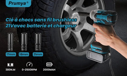 21V Cordless Brushless Impact French 380Nm - 1/2 Inch Electric Impact Gun for Car fire/Truck/Bolt cover Cordless Impact Gun