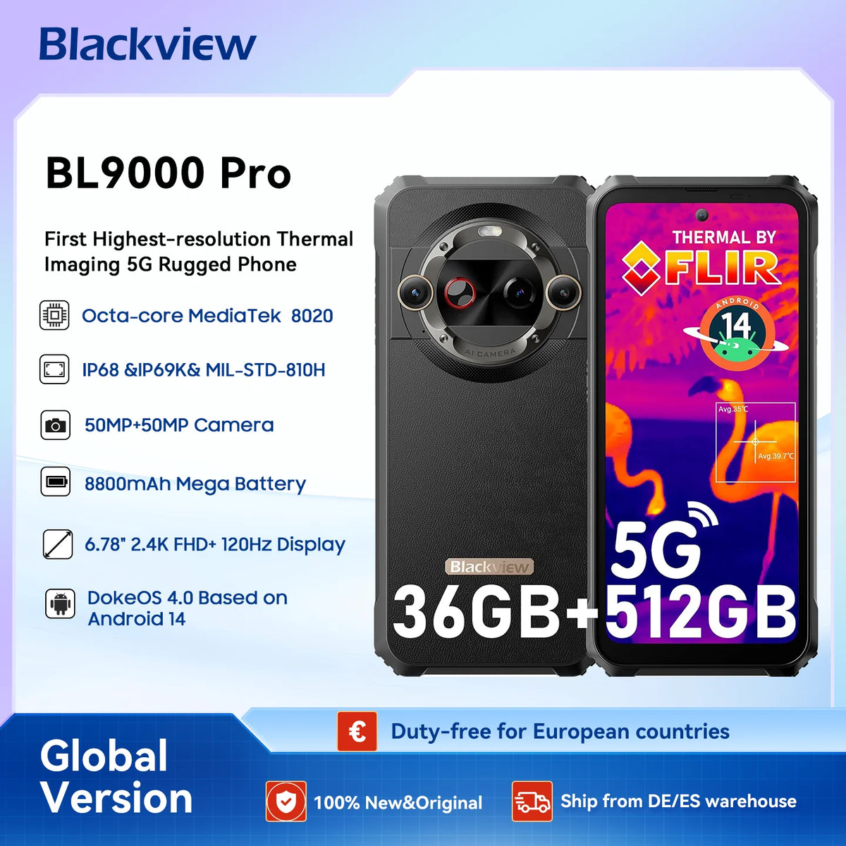 Blackview BL9000 PRO 5G Rugged Smartphone 6.78'' FHD Display 12GB 512GB Infrared Imaging Camera 8800mAh/120W Android 14