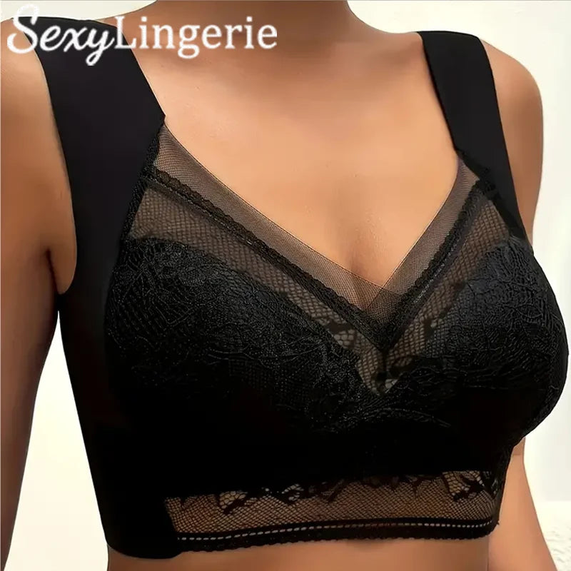 3Pcs Women Lace Bra Perspective Push Up Ice Silk Deep V Bralette Bra Sexy Lingerie Tops Plus Size Cup Mom's underwear L-5XL
