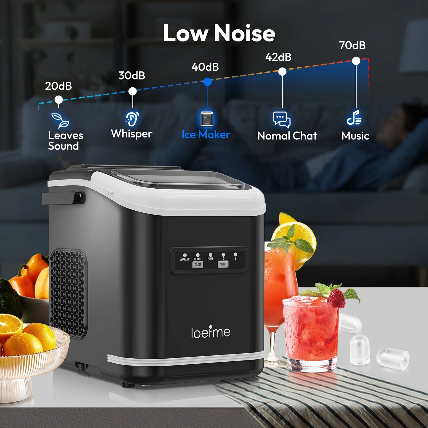 LOEFME 12kg/24h Electric Ice Maker Desktop Fully Automatic Bullet Ice Fast Ice Maker Machine Self-Cleaning Home Cafes Camping