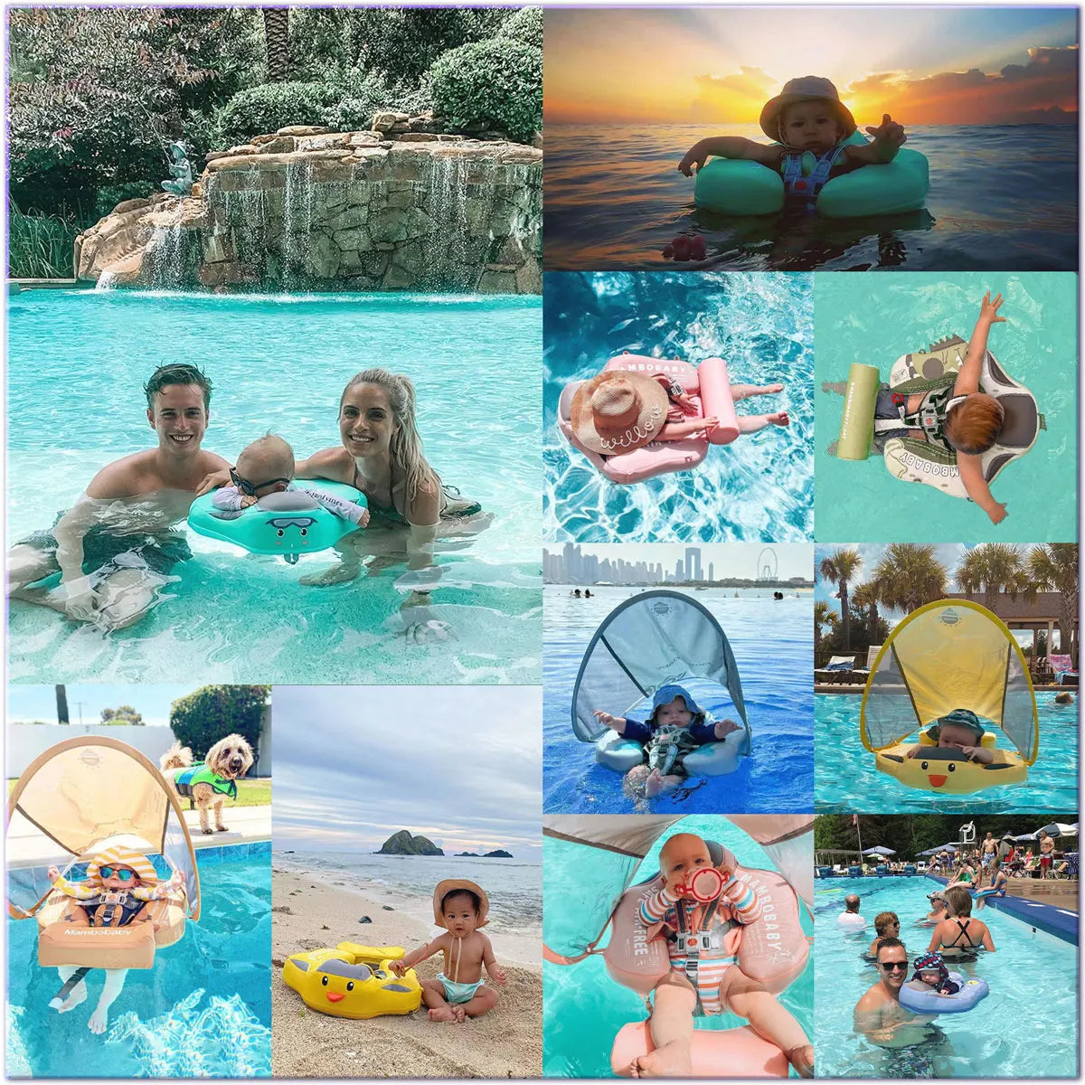 Mambobaby Animal Float Non-Inflatable Safe Solid Core Baby Swimming Buoy Water Trainer Infant Pool Floator Swim Ring with Canopy