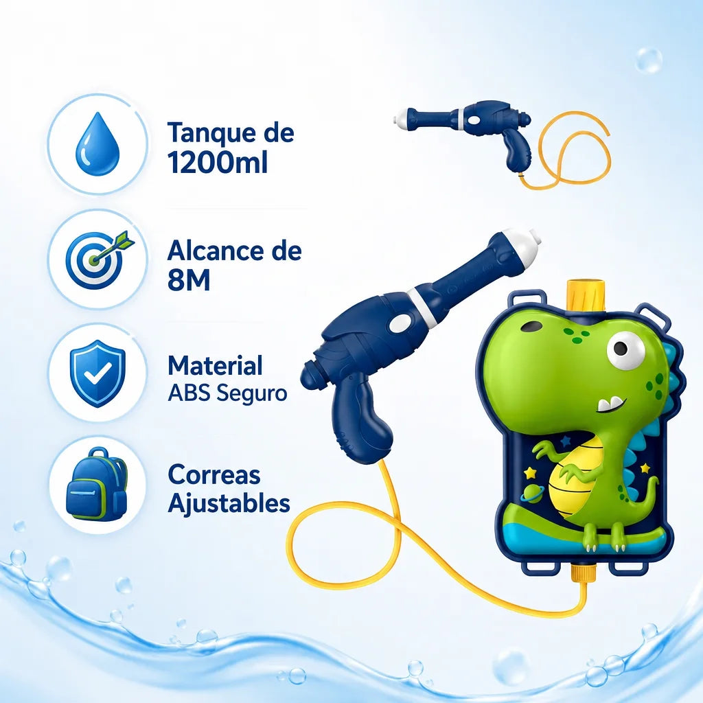 Water Gun with Dinosaur Backpack 1200ml - Outdoor Summer Toy for Children, Large Capacity and Long Range, Ideal for Pool, Beach and Garden - Shipping from Spain