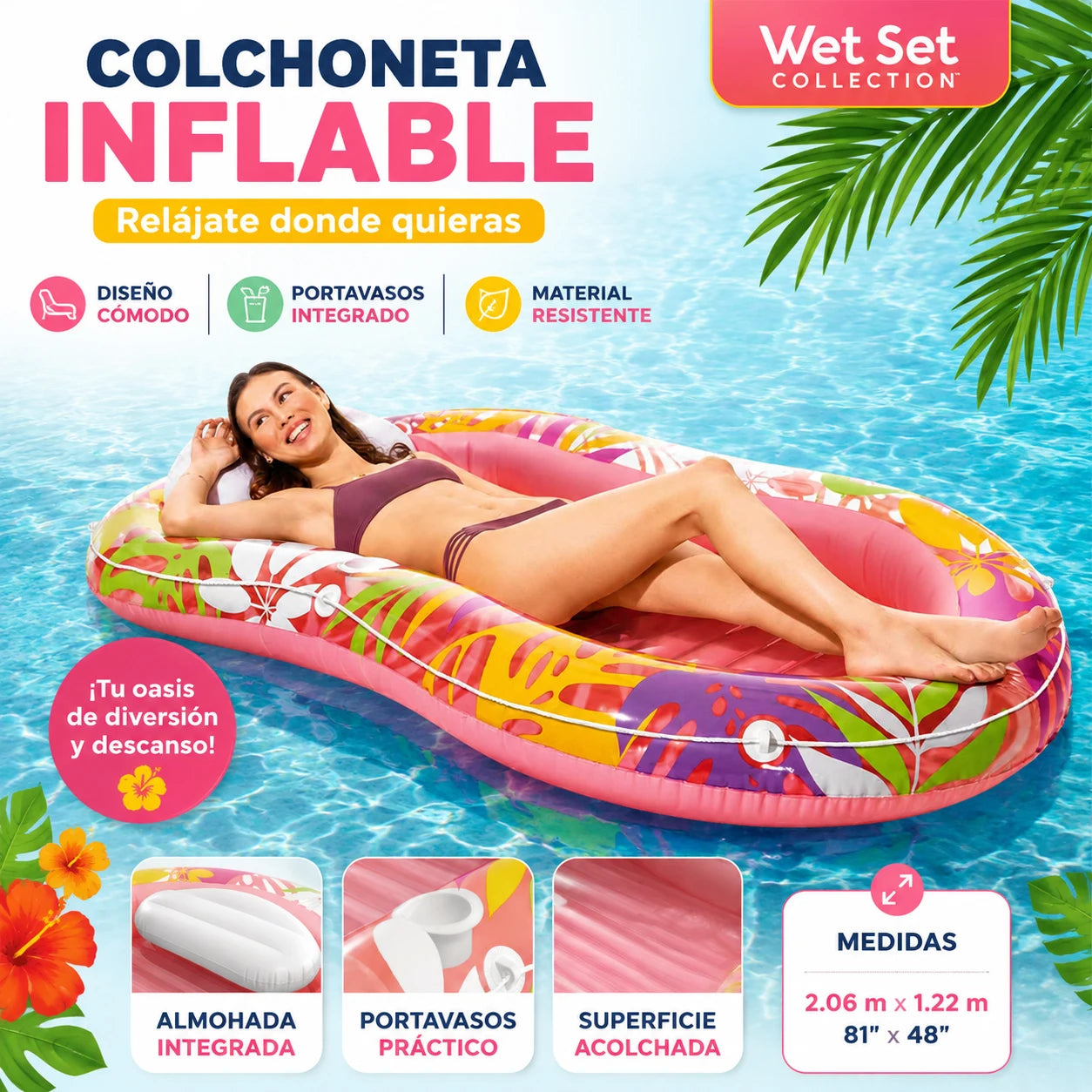 Inflatable Lounge Mat'Oasis Tropical' Pink and Green 206X122Cm High Quality Pvc Supports 100kg Multifunctional Reclining Design for Pool, Beach, Lake and Summer Leisure Activities