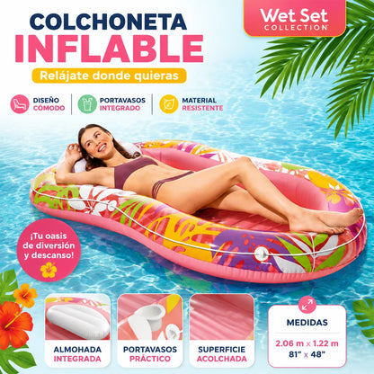 Inflatable Lounge Mat'Oasis Tropical' Pink and Green 206X122Cm High Quality Pvc Supports 100kg Multifunctional Reclining Design for Pool, Beach, Lake and Summer Leisure Activities