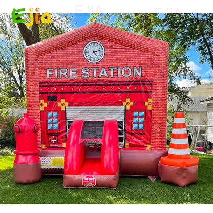 16ft Large PVC Inflatable Fire Station House Combo Wet/Dry Jumping Firehouse Bouncy Castle For Kids Outdoor Party Event