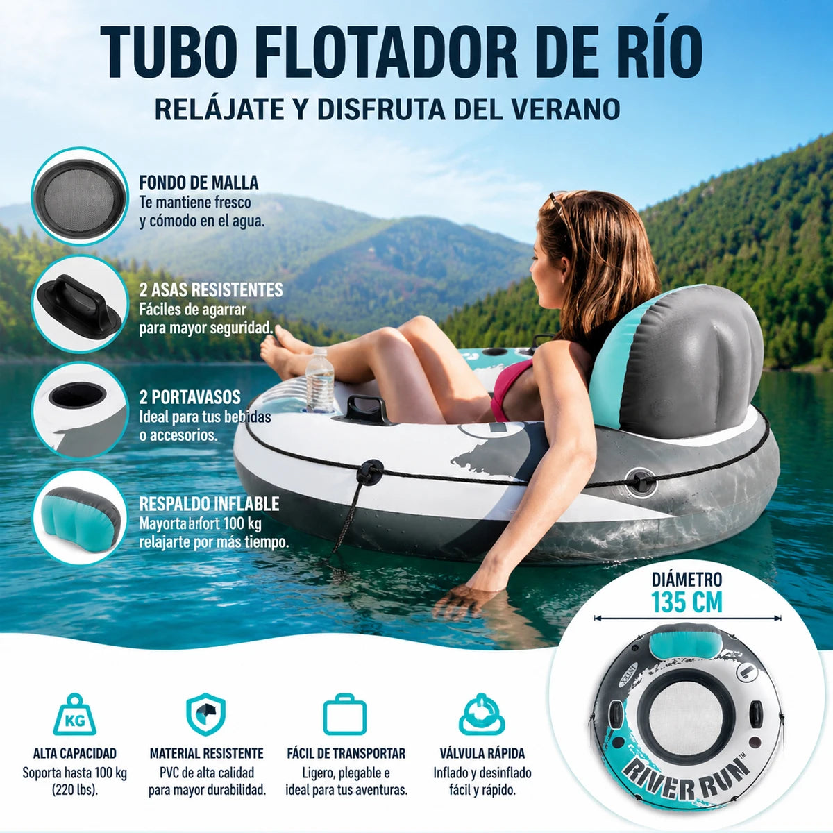 River Run Inflatable Floating Tube 135cm, Reinforced Anti-Puncture Pvc, Mesh Seat, Ergonomic Backrest, Two Cup Holders, Handles and Tie-Down Rope, 100kg Capacity, Safe and Comfortable for Rivers, Lakes, Swimming Pools and Sum