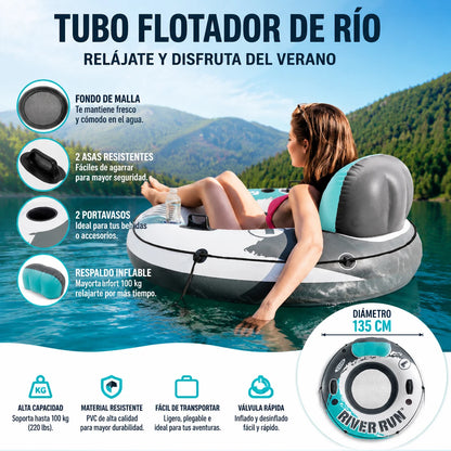 River Run Inflatable Floating Tube 135cm, Reinforced Anti-Puncture Pvc, Mesh Seat, Ergonomic Backrest, Two Cup Holders, Handles and Tie-Down Rope, 100kg Capacity, Safe and Comfortable for Rivers, Lakes, Swimming Pools and Sum