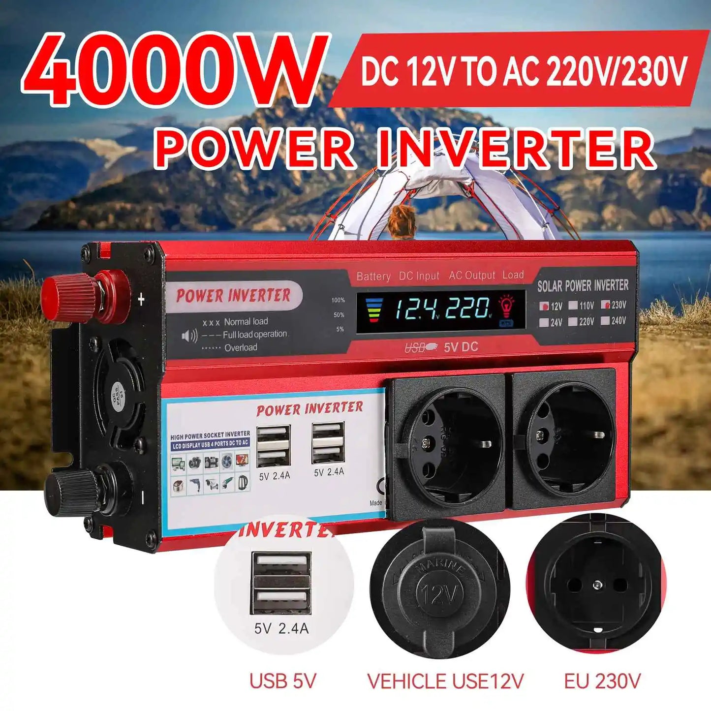 4000W 3000W Power Inverter DC 12V to AC 220V 230V Transformer with 4 USB EU Sockets Charging with LED Display