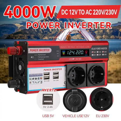 4000W 3000W Power Inverter DC 12V to AC 220V 230V Transformer with 4 USB EU Sockets Charging with LED Display