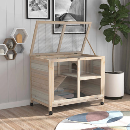 Rabbit Cage, Mobile Wooden Pet Hutch with Wheels, Indoor Bunny Cage with Openable Top, Ramp & Removable Tray for Small Animals Farm Animal Supplies Easy Clean Tray & Multi-Level Platforms