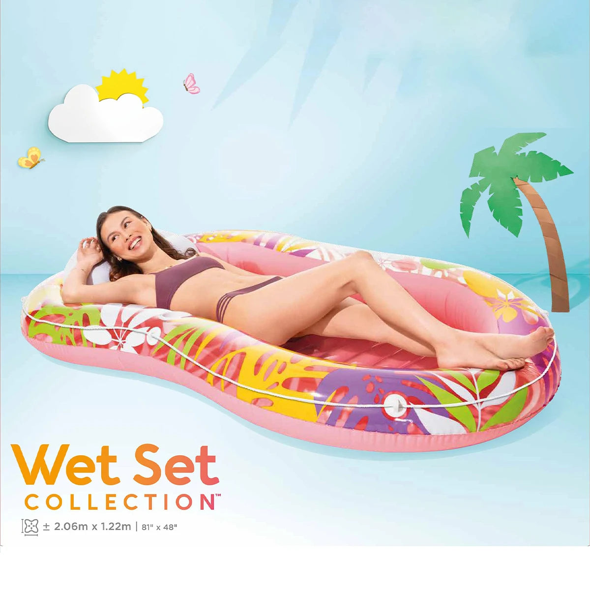 Inflatable Lounge Mat'Oasis Tropical' Pink and Green 206X122Cm High Quality Pvc Supports 100kg Multifunctional Reclining Design for Pool, Beach, Lake and Summer Leisure Activities
