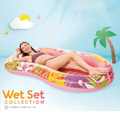 Inflatable Lounge Mat'Oasis Tropical' Pink and Green 206X122Cm High Quality Pvc Supports 100kg Multifunctional Reclining Design for Pool, Beach, Lake and Summer Leisure Activities