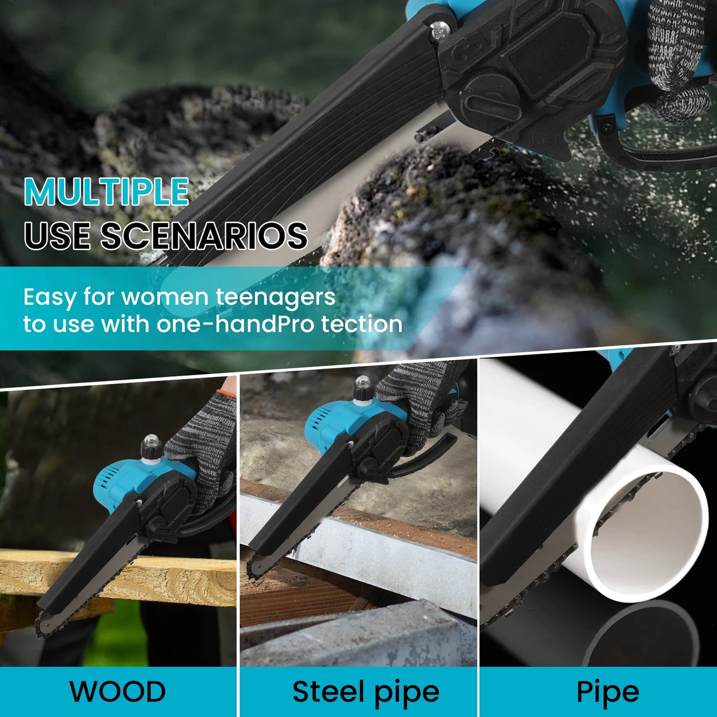 21V 6Inch Cordless Electric Chainsaw Powerful Electric Small Portable Chainsaw with Automatic Oiler Pruning Saw Woodworking Tool