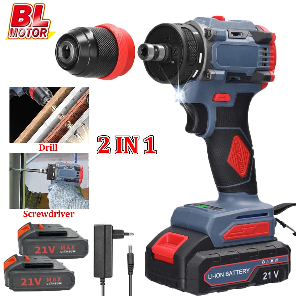55N.M Brushless Electric Drill Screwdriver 2 IN 1 Handheld Cordless Impact Drill Woodworking DIY Power Tool With 2PCS Battery