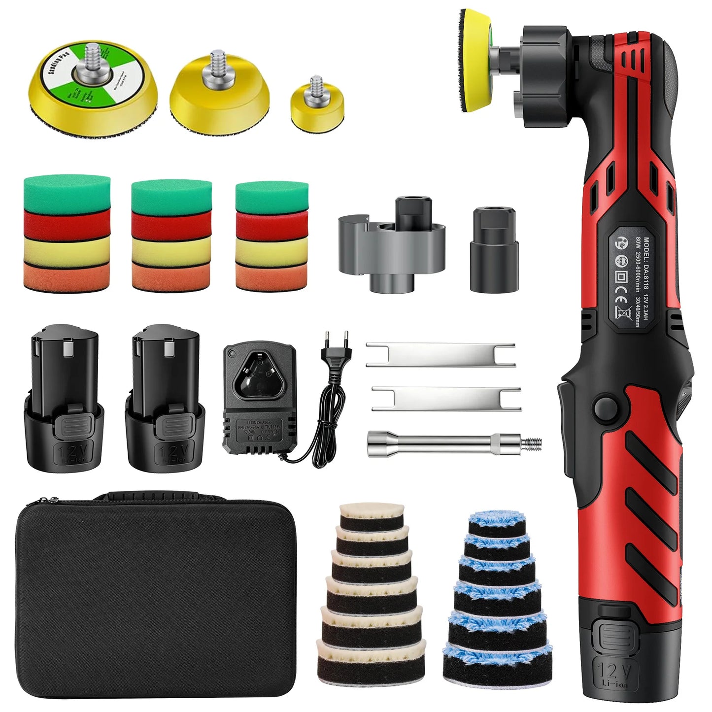Cordless Mini Car Polisher 12V Detailing Wireless Car Polishing Machine 1/1.5/2 Inch Pades Kit For Auto waxis, Adjustable Speed With 11 Speed Settings and a range of 2500 - 6000 RPM for car and furniture polishing and scratch