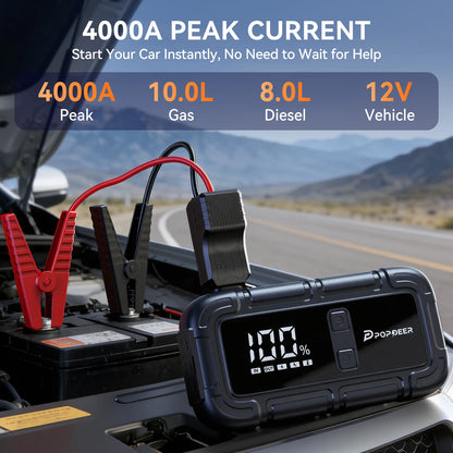 POPDEER PD-J06 4000A Jump Starter, 12V Car Battery Booster with LCD Display Dual USB for 10.0L Gas/8.0L Diesel Truck RV Boat