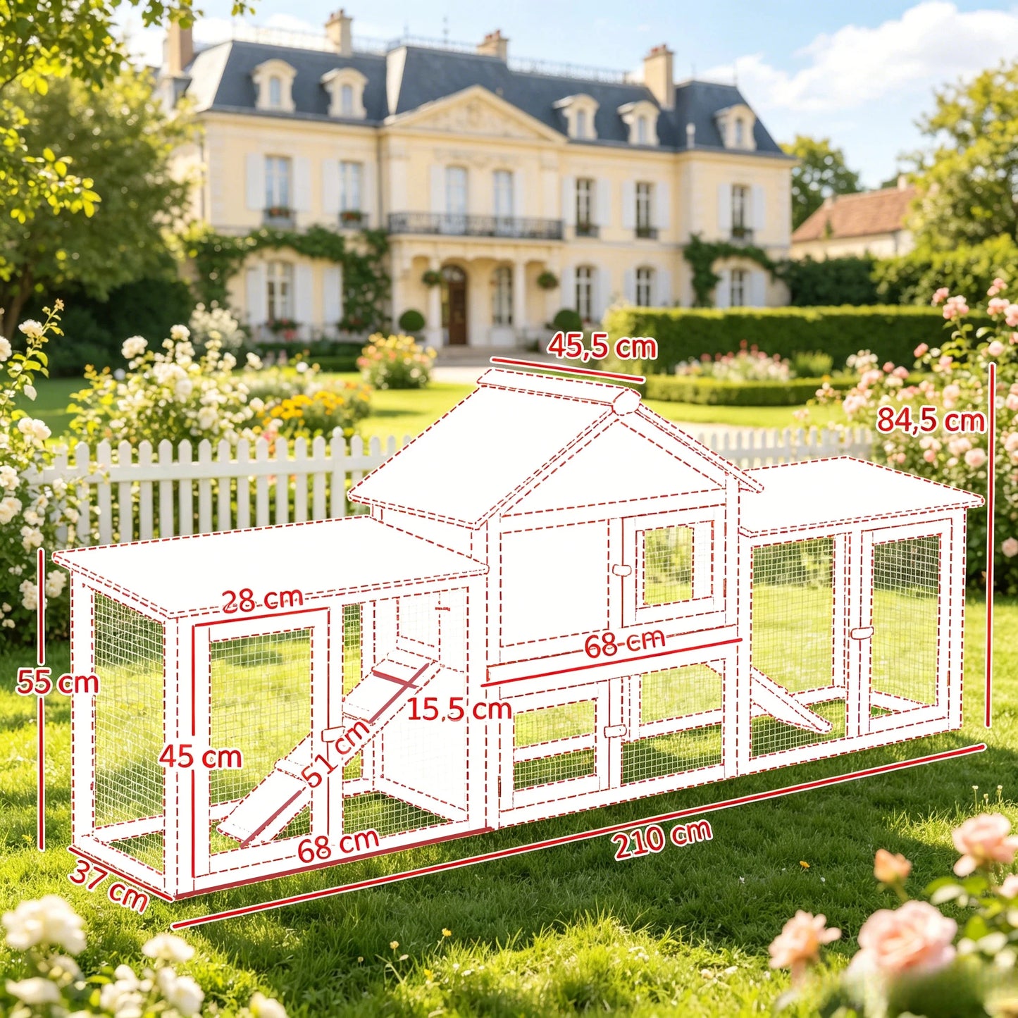 Large Outdoor Wooden Rabbit Hutch with Double Side Run Enclosures, Waterproof Asphalt Roof, Lockable Access Doors, Spacious Resting House and Activity Play Space, Weatherproof Pet Cage for Rabbits, Guinea Pigs and Small Outdo