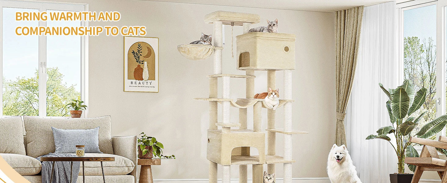 200cm XXL cat tree with 10 scratching posts, 2 caves, 2 hammocks, large platform,basket,for Maine Coons,large cats, beige