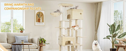 200cm XXL cat tree with 10 scratching posts, 2 caves, 2 hammocks, large platform,basket,for Maine Coons,large cats, beige