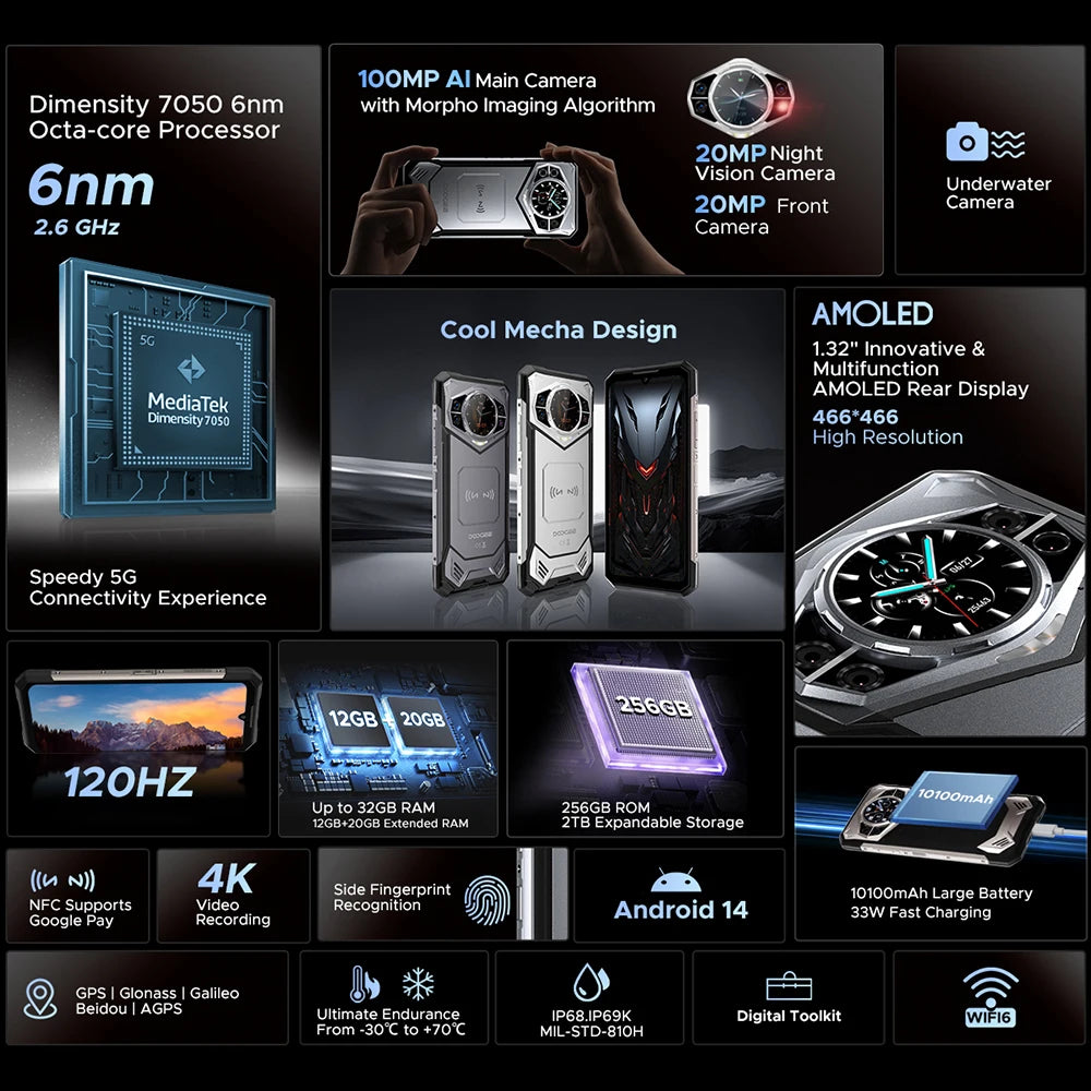Global Version DOOGEE S200 5G Rugged Phone 6.72" 120Hz Display 12GB 256GB 100MP AI Main Camera 10100mAh Battery NFC Smartphone