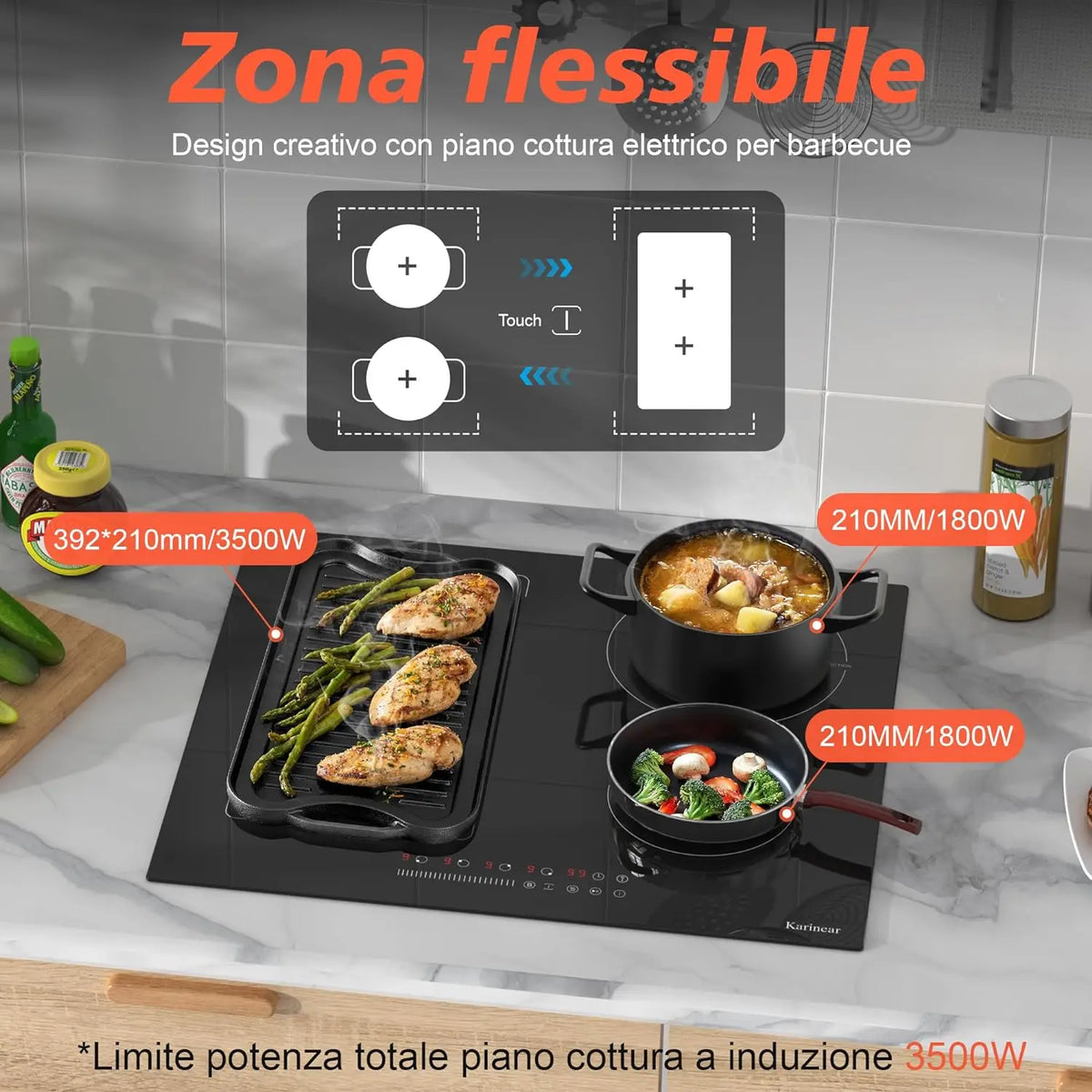 Karinear 4-Burner Induction Hob, 60cm Induction Hob Electric 3500W, Flex Zone, Plug-in Hob, 9 Power, Booster, Timer, 220V Plug