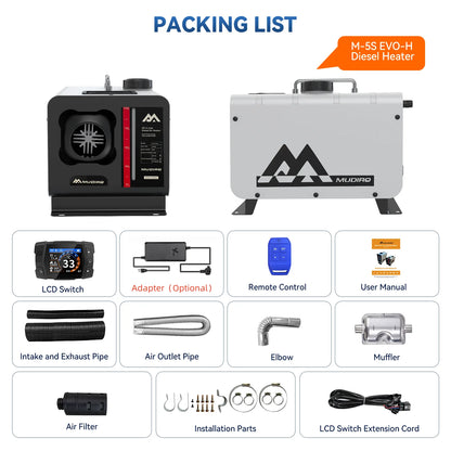 MUDIRO M-5S EVO-H Diesel Air Heater, CO Protection,Custom Alarm & Auto Shutoff, Whisper-Quiet, ±2°F Precision Temp, 5500m Auto-Adaptive Altitude,Smart LCD Bluetooth & Remote, Auto Start/Stop, for Car/Truck/RV/Boat/Tent/Bus/