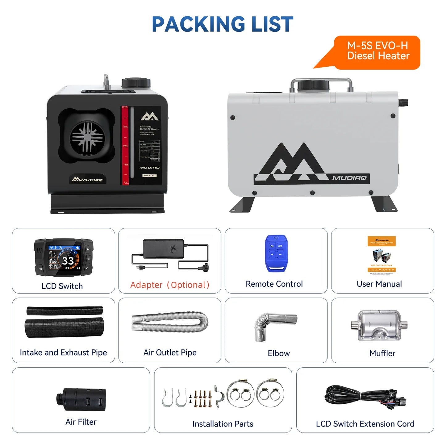 MUDIRO M-5S EVO-H Diesel Air Heater, CO Protection,Custom Alarm & Auto Shutoff, Whisper-Quiet, ±2°F Precision Temp, 5500m Auto-Adaptive Altitude,Smart LCD Bluetooth & Remote, Auto Start/Stop, for Car/Truck/RV/Boat/Tent/Bus/