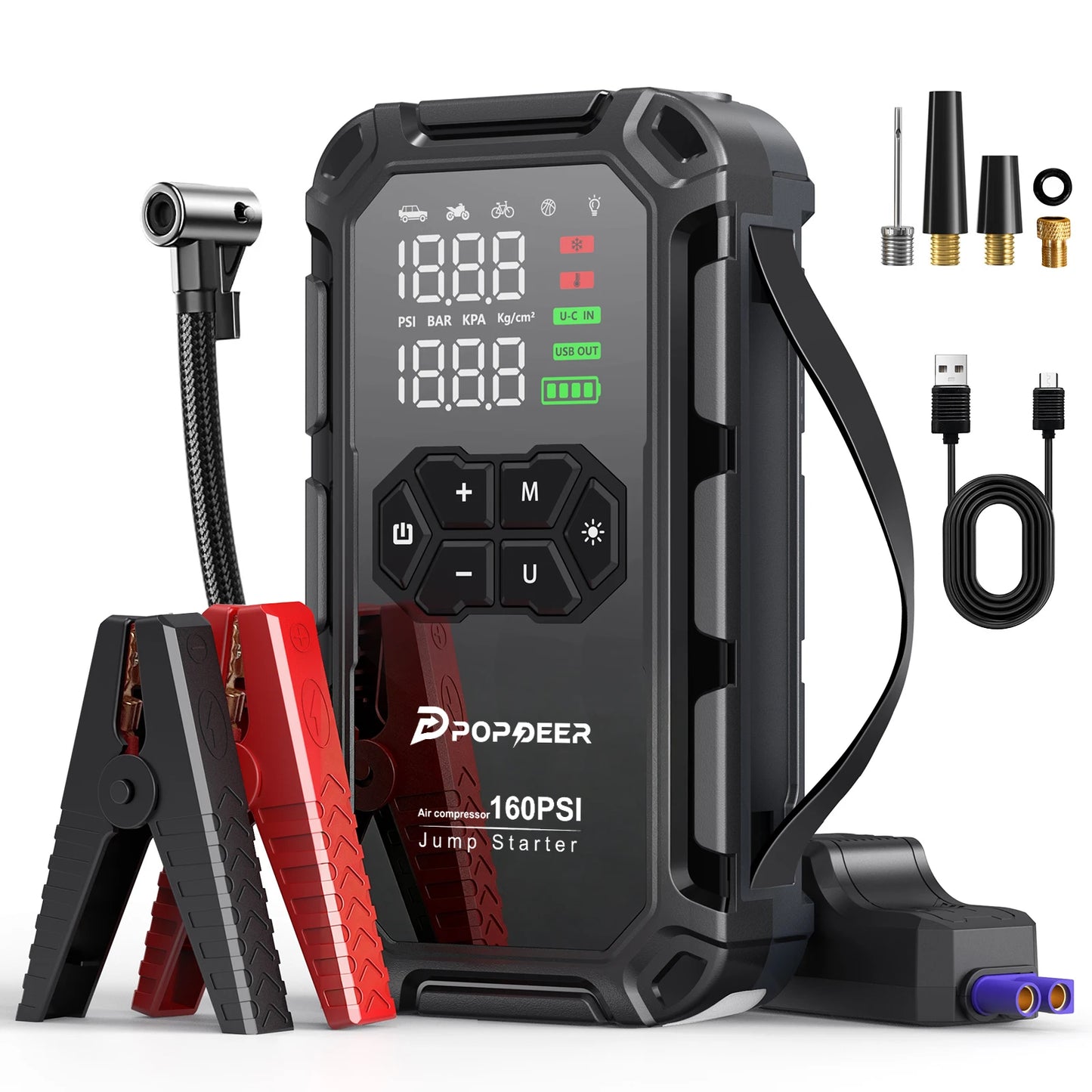 POPDEER PD-JA66 6000A Jump Starter with Air Compressor 160PSI, for All Gas & 8L Diesel Engines, LCD Display, USB Port, LED Light