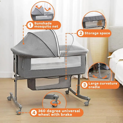 Baby Crib 3 in 1 Baby Bed Bedside Crib Baby Playpen 0-3 years child multi-function folding and lifting With Mosquito Net & Wheel