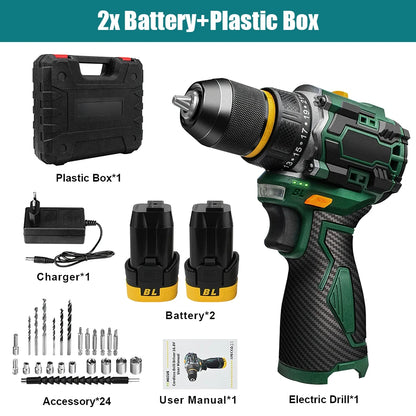 55N.M 10MM 23+1 Torque Brushless/Brushed (Yellow Kit) Electric Impact Drill Metal Ratchet Chuck Cordless Drill Electric Screwdriver DIY Power Tools