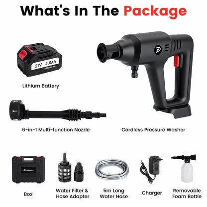 POPDEER PD-W01 Cordless High Pressure Car Washer, 200Bar 6-in-1 Nozzle, 4.0Ah Battery, 5m Hose for Car Cleaning
