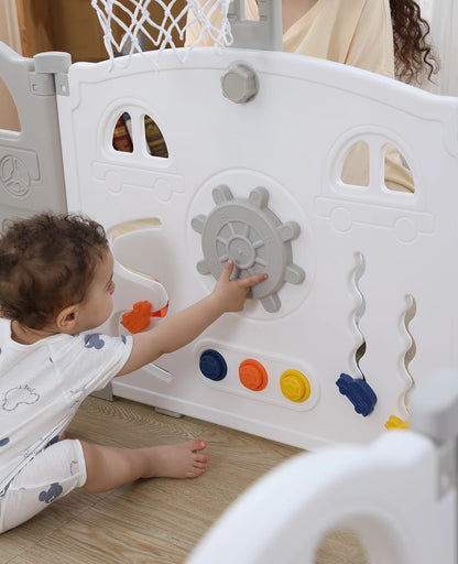UBRAVOO Foldable Baby Playpen with Basketball Hoop & 50Pcs Coloured Pit Balls,  Toddler and Baby Play pen  fence, 14-Panel