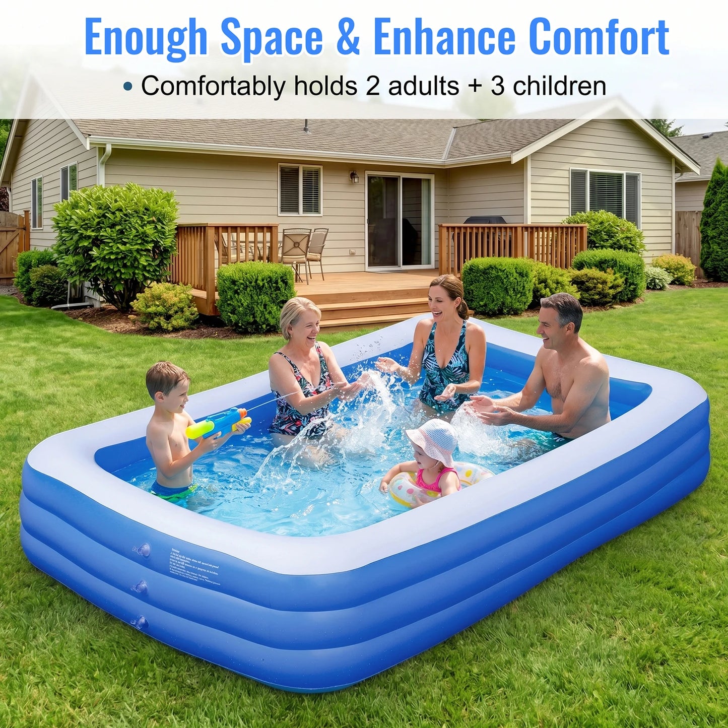 3M/2.6M Family Inflatable Rectangular Pool for Family Gatherings Parties Garden Leisure Durable PVC Outdoor Backyard Swimming Pool