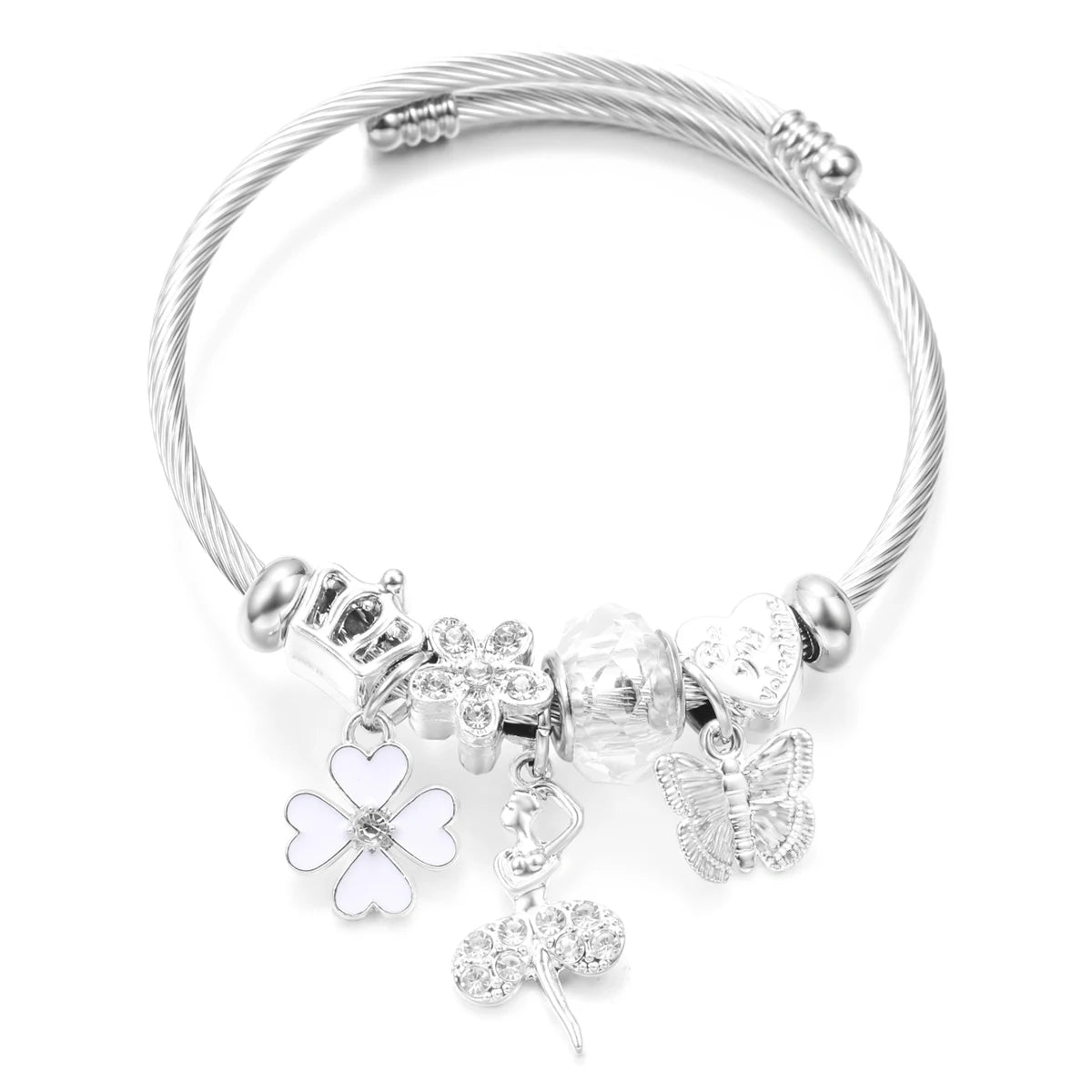 New Trendy Rhinestones Dragonfly Crystal Beaded Pendant Bracelet Stainless Steel 4 Colors Closure Bangles Women Bracelet Jewelry