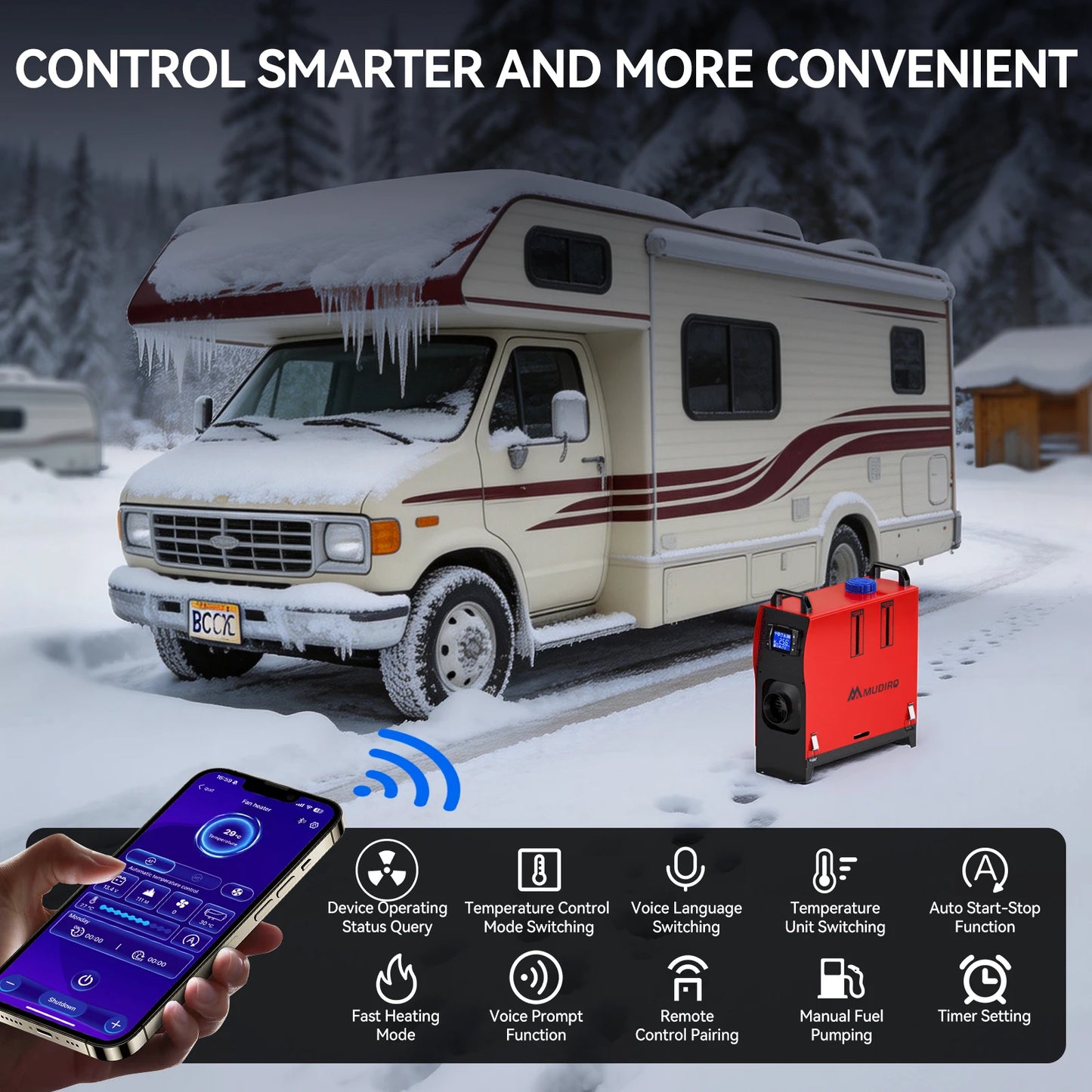 2026 Upgrade Mudiro 8KW Diesel Air Heater Auto High Altitude Mode&Smart LCD Panel Bluetooth APP + Remote Control Dual Wireless Auto Start‑Stop 4‑Language Voice Broadcast 1.5m Extension Cord 12V/24V/240V Adapter Ideal for