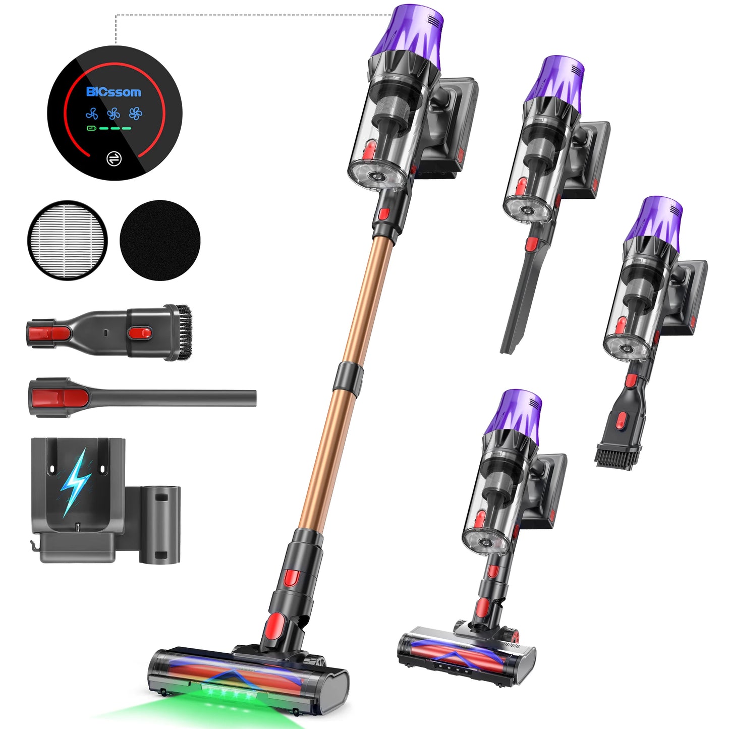 Blossom V20 Cordless Vacuum Cleaner, 650W Brushless Motor, 55KPa Powerful Suction, 65Min Runtime, Green LED Light, for Pet Hair Hardwood Carpet