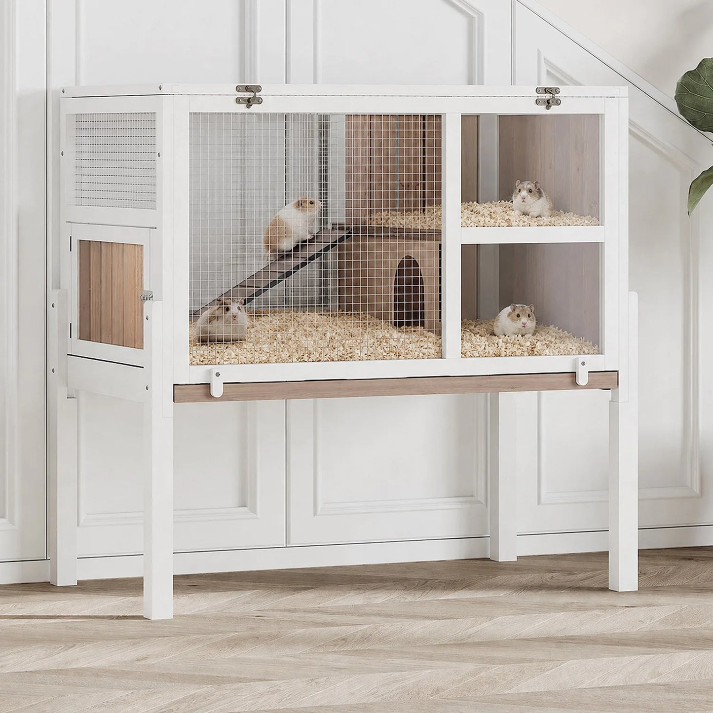 HiMISS Guinea Pig Cages Indoor, Wooden Guinea Pig Cages with Stand Rabbit Cage Hutch with Ramp and Hideout, Small Animals Cage Habitat with Not Leakage Pull Out Tray