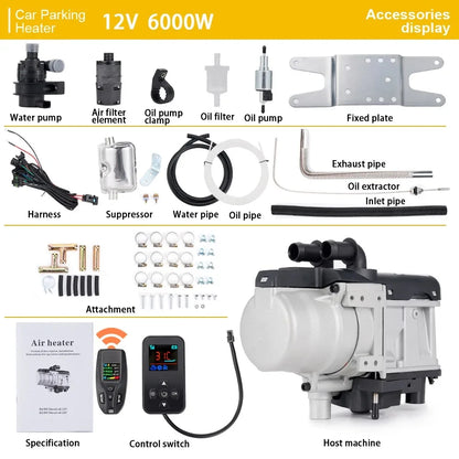 12V 6KW Diesel Heater One/Two-Way Remote Control LCD Switch Parking Heater Brushless Water Pump Diesel Heating for Car Van Trucks Engine Preheating