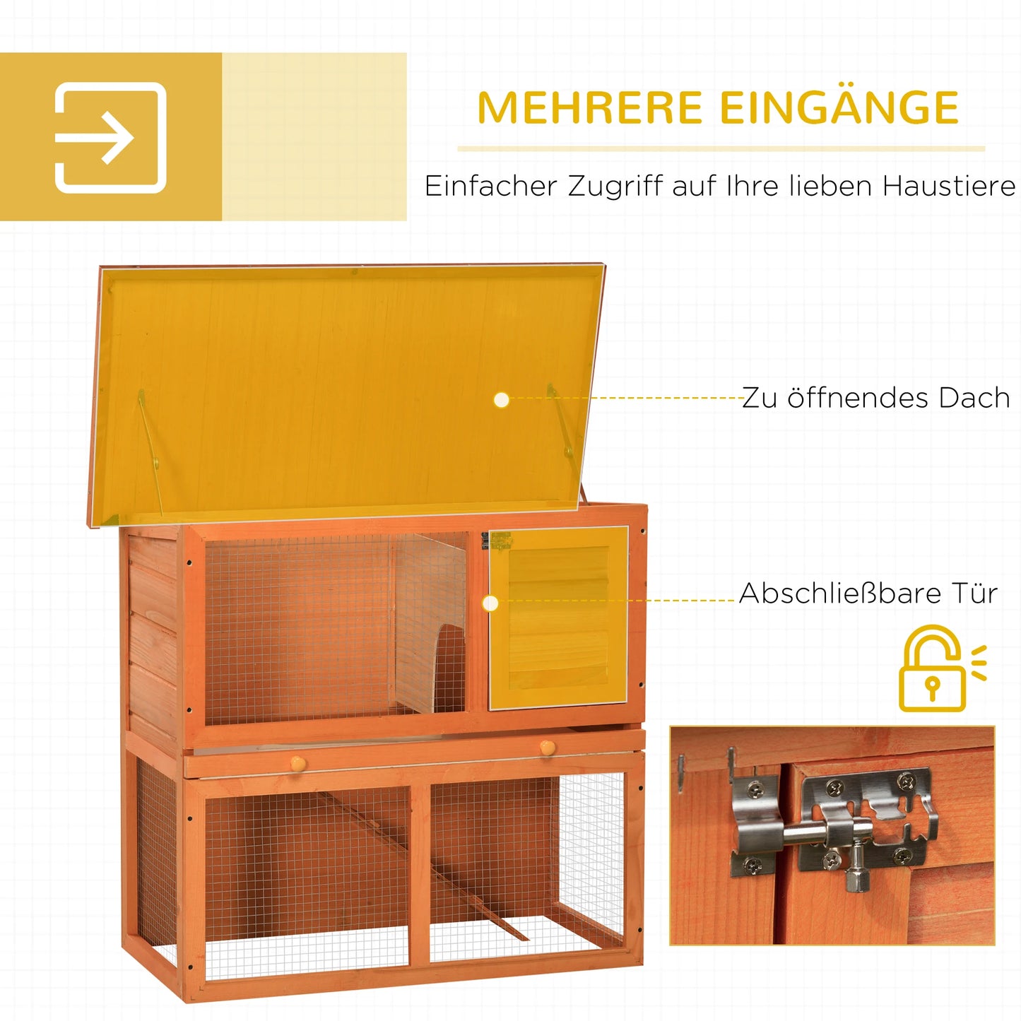 Rabbit Cage, 2-Tier Wooden Pet Hutch, Outdoor Bunny Cage with Removable Tray, Openable Roof & Lockable Doors for Small Animals with Easy Clean Tray
