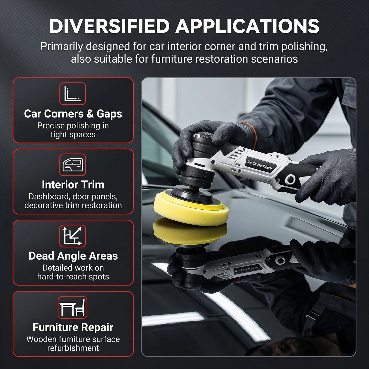 Podofo 12V Wireless Mini Polishing Machine 6 Speed Adjustable Handheld Detail Polisher Portable Electric Buffing Tool For Car Beauty Furniture Surface Polishing