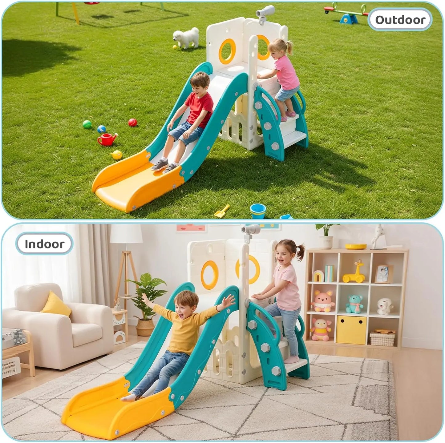 Sturdy Toddler Slide with Basketball Hoop Plastic Kids Slide Climber with Anti-Slip Steps Indoor Outdoor Children Toy Playground