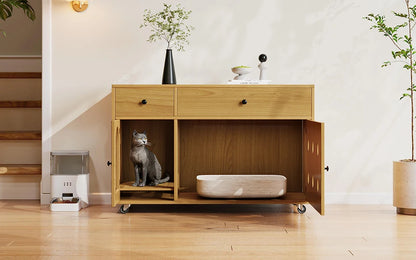Wooden cat litter box cabinet/cat bed with drawers and wheels, multi-functional cat house furniture/portable cat toilet/storage cabinet, effectively controls odors, suitable for indoor cat house decoration.