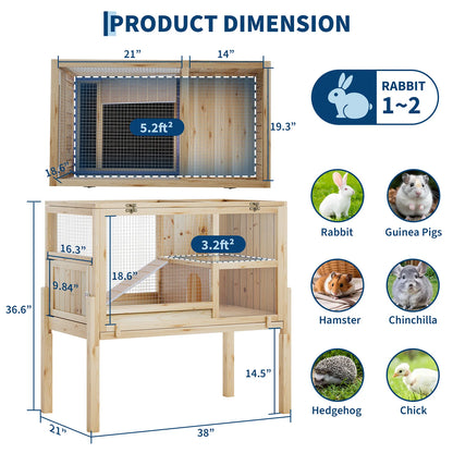 HiMISS Guinea Pig Cages Indoor, Wooden Guinea Pig Cages with Stand Rabbit Cage Hutch with Ramp and Hideout, Small Animals Cage Habitat with Not Leakage Pull Out Tray