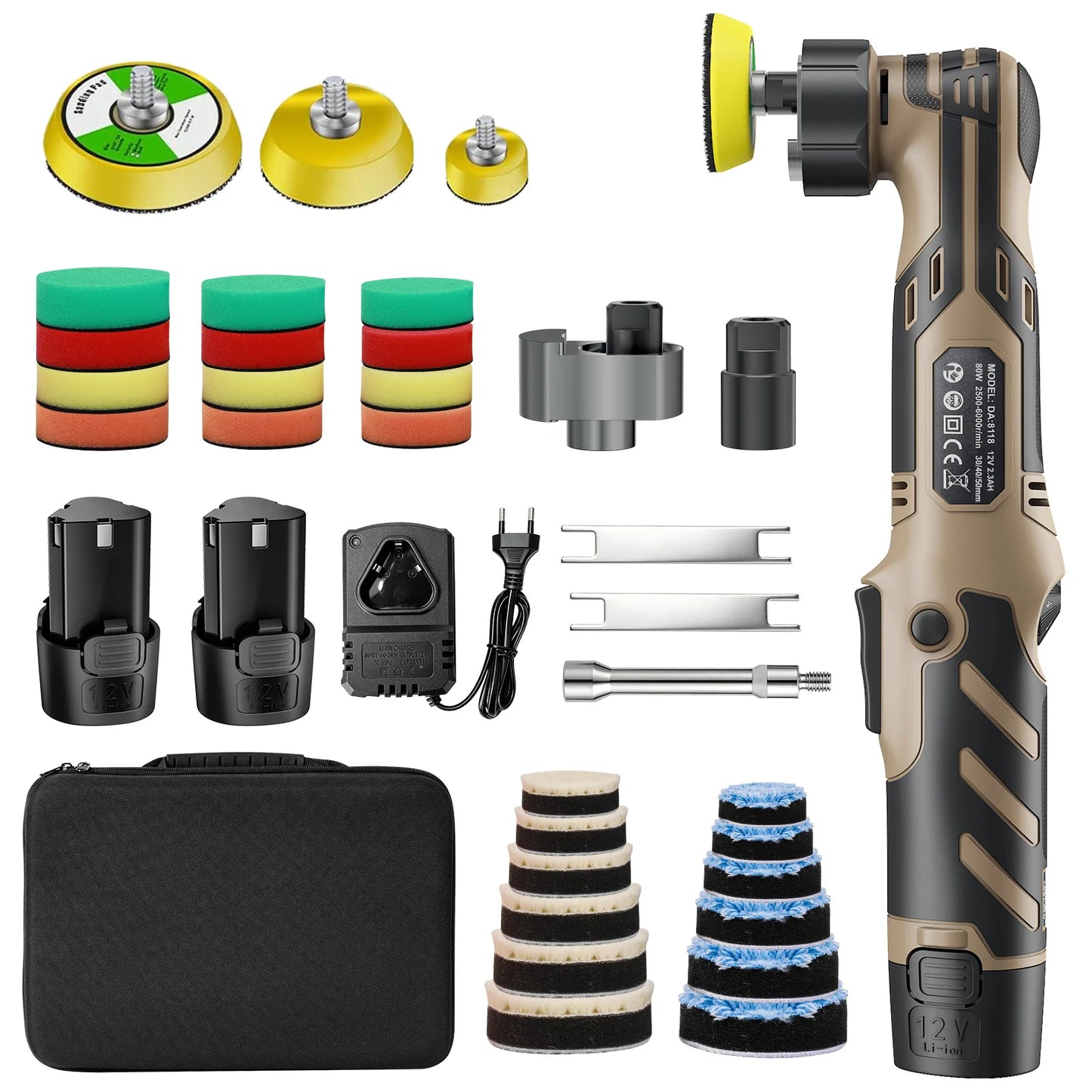 Cordless Mini Car Polisher 12V Detailing Wireless Car Polishing Machine 1/1.5/2 Inch Pades Kit For Auto waxis, Adjustable Speed With 11 Speed Settings and a range of 2500 - 6000 RPM for car and furniture polishing and scratch