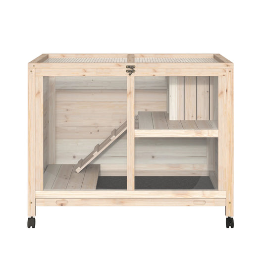 Rabbit Cage, Mobile Wooden Pet Hutch with Wheels, Indoor Bunny Cage with Openable Top, Ramp & Removable Tray for Small Animals Farm Animal Supplies Easy Clean Tray & Multi-Level Platforms
